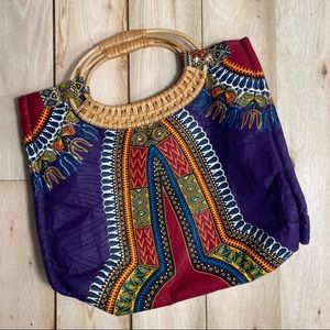 Retro Vibrant Straw Handle Dashiki Purse Tote